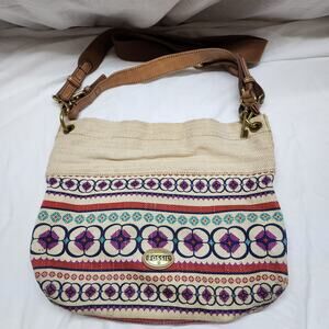 Fossil canvas Purse with 2 straps with key and red interior b46